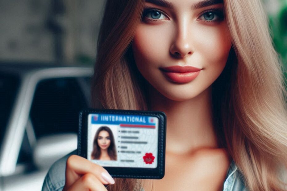 A beautiful woman with a blurred face in the background showing an international driver license prominently